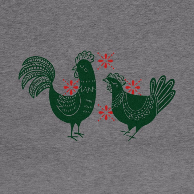 Chickens and Rooster - Green and Red by BeanstalkPrints